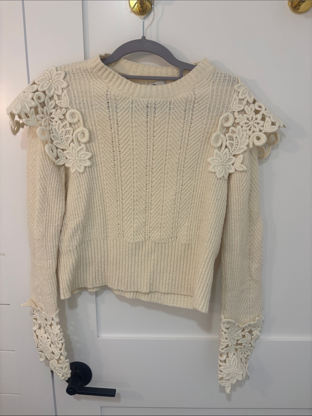 Sea New York Cream Floral Appliqué Cable Knit Crewneck Sweater